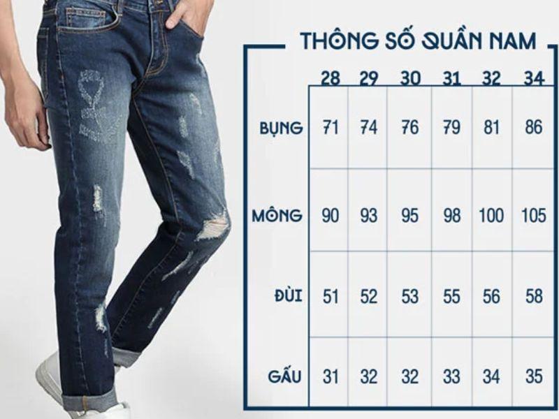 Bảng chọn size quần jean theo số đo cơ thể
