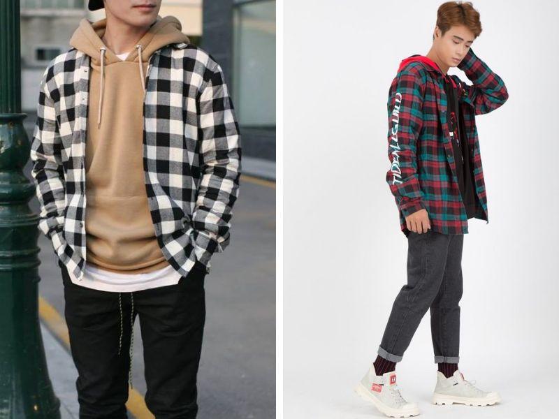 Phối hoodie với áo khoác sơ mi