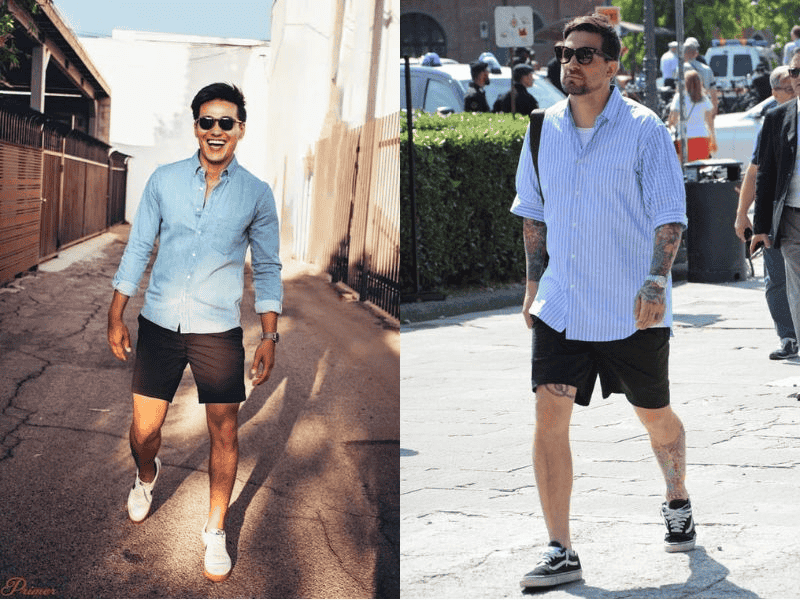 Có không ít cách để phối quần short nam đen với áo sơ mi, như mặc sơ mi bình thường…