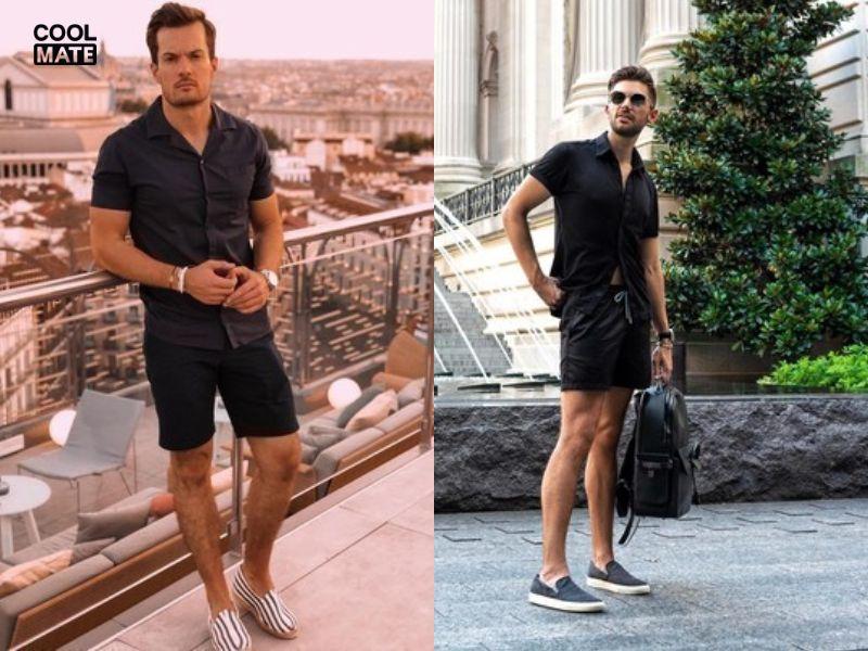 Phối áo sơ mi đen với quần short: Sự kết hợp năng động và trẻ trung.