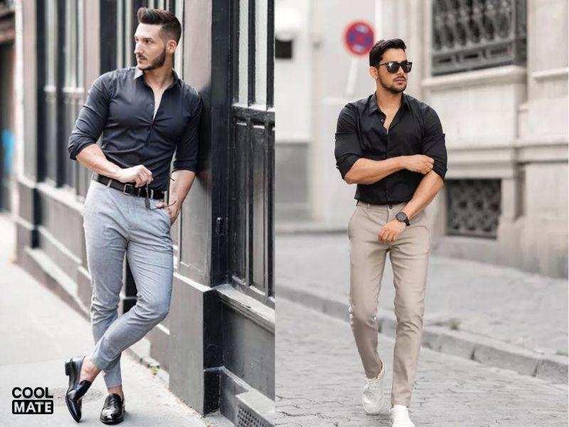 Áo sơ mi đen phối cùng quần âu: Lịch sự và sang trọng.