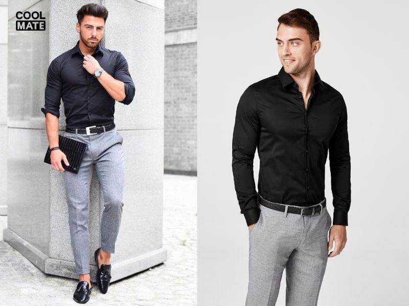 Áo sơ mi đen nam phối quần tây màu xám: Sang trọng và lịch lãm.