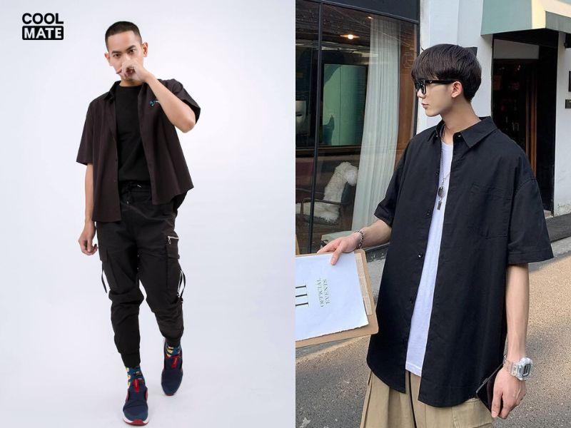 Áo sơ mi đen phối cùng jogger: Sự kết hợp nhã nhặn và cá tính.