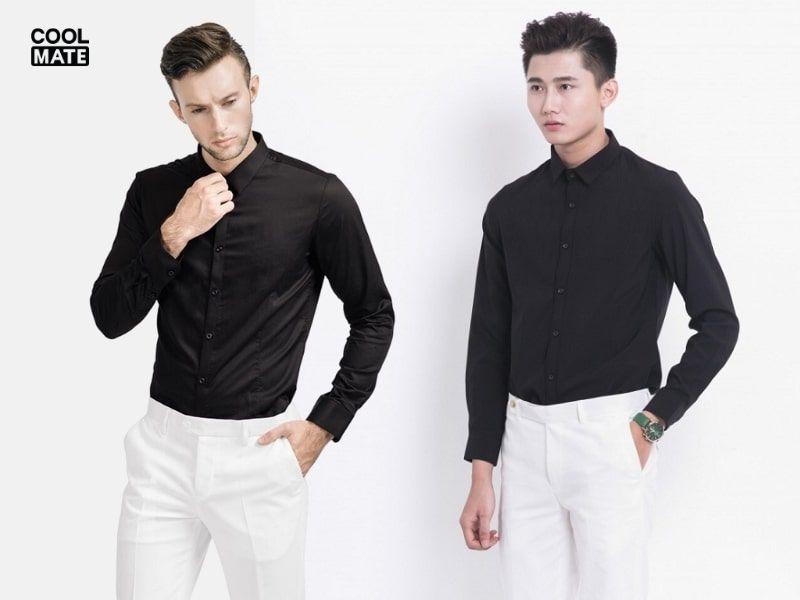Áo sơ mi đen nam phối đồ cùng quần màu trắng: Sự kết hợp đơn giản nhưng lịch sự.