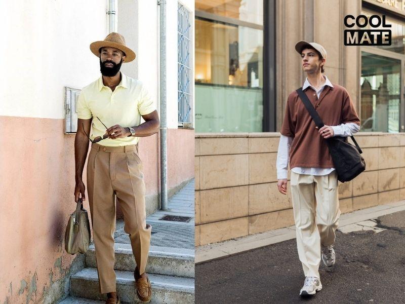 Áo polo nam với quần xếp ly chỉn chu, trưởng thành 