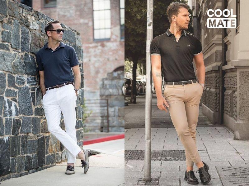 Quần Chinos phối với áo polo và giày lười 