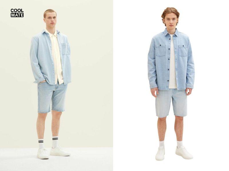 Cách phối đồ với quần short nam xanh dương và áo khoác denim