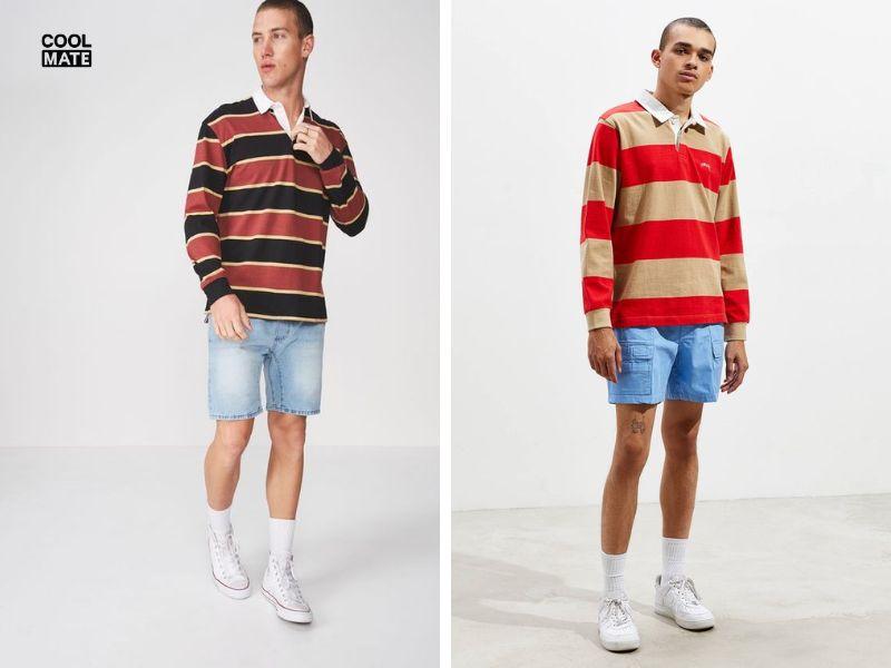 Cách phối đồ với quần short nam xanh dương và áo thun dài tay kẻ ngang