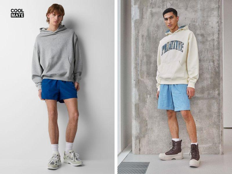 Cách phối đồ với quần short nam xanh dương và áo hoodie