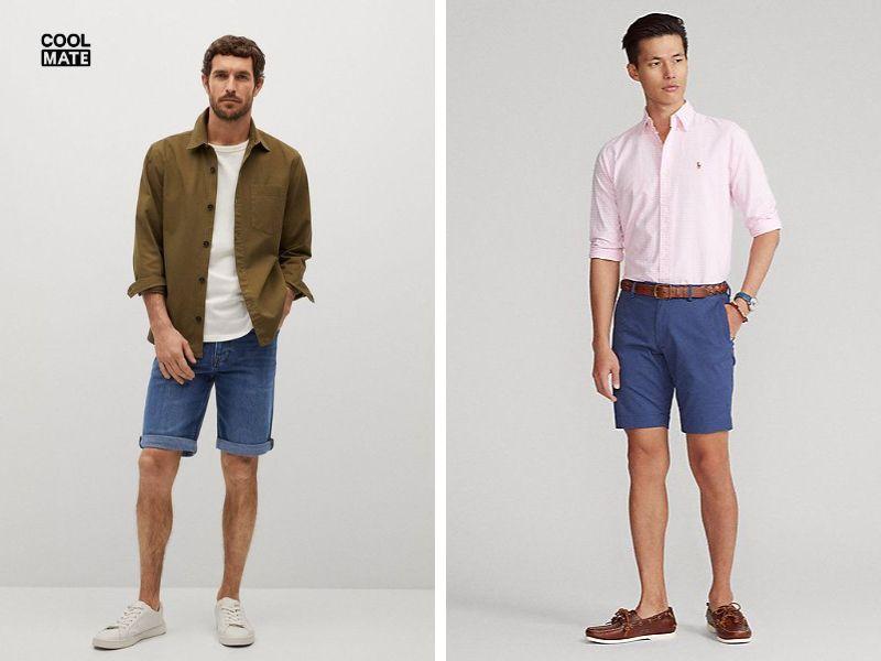 Cách phối đồ với quần short nam xanh dương và áo sơ mi trơn dài tay