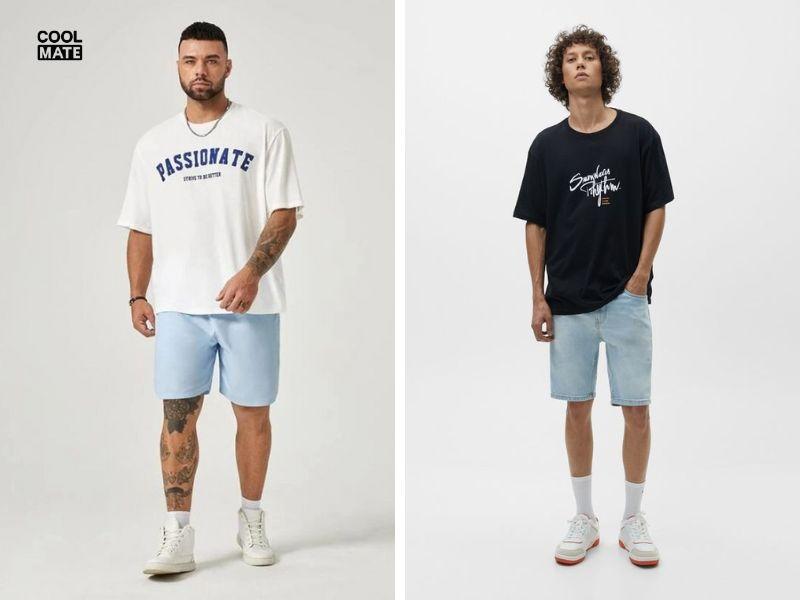 Cách phối đồ với quần short nam xanh dương và áo thun có họa tiết