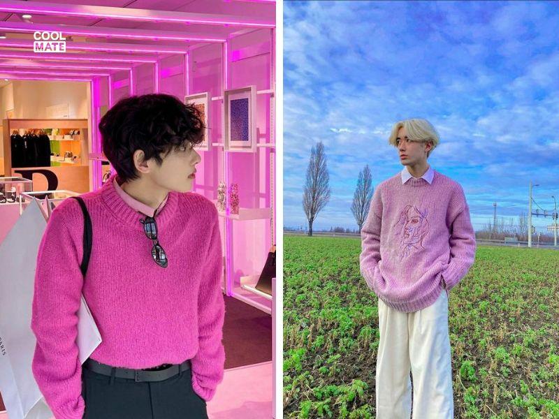 Ảnh minh họa cách phối quần âu với áo len màu magenta