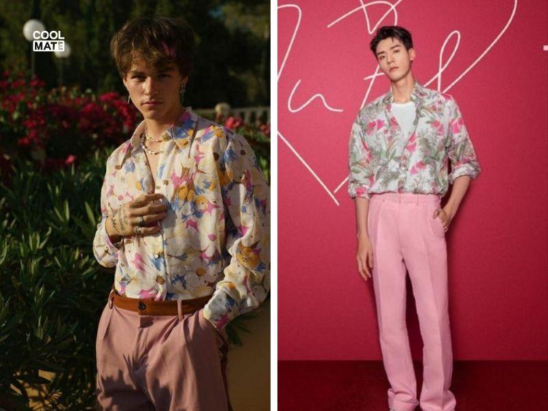 Ảnh minh họa cách phối quần âu màu magenta với áo sơ mi họa tiết