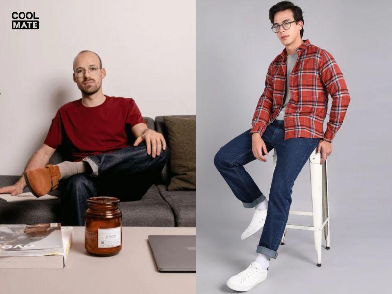 Áo màu đỏ kết hợp quần jeans xanh dương/đen