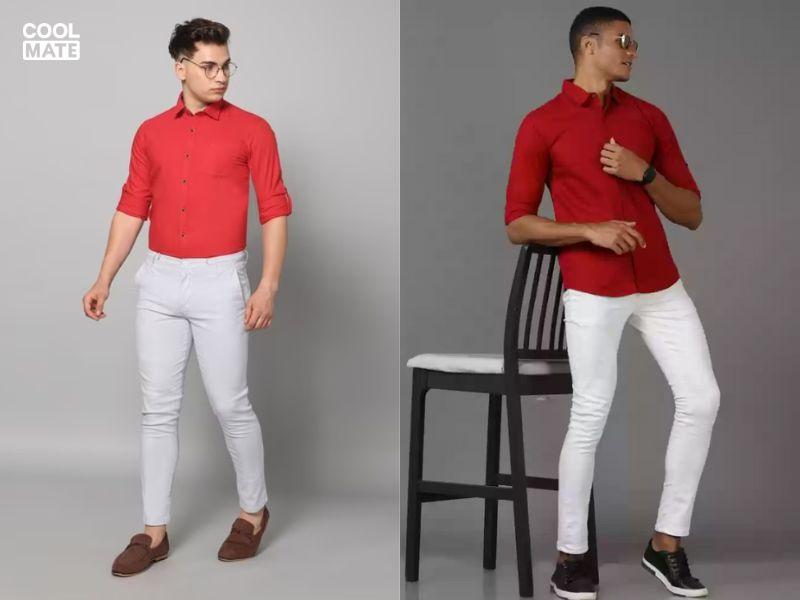 Áo màu đỏ kết hợp quần kaki trắng