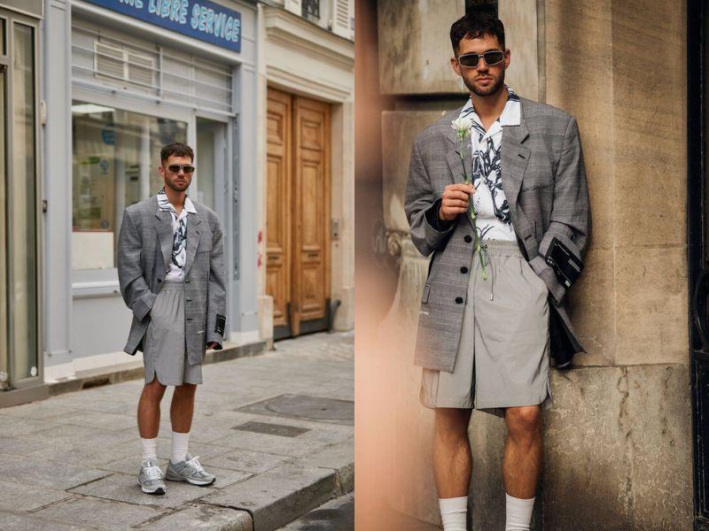 Phối quần vải nỉ nam ống rộng với blazer oversize