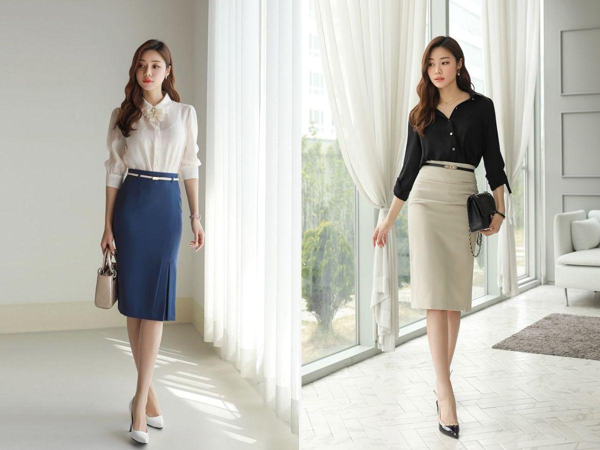 Chân váy công sở phối với thắt lưng