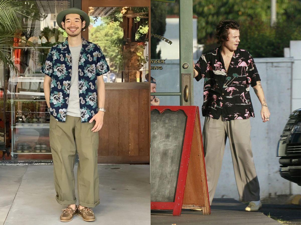 Quần kaki hoặc chinos chính là lựa chọn phù hợp để phối với áo sơ mi hoạ tiết nhiệt đới