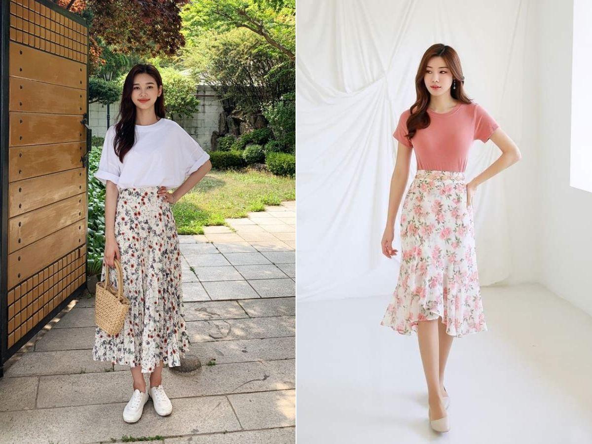Chân váy hoa phối với áo thun là combo đơn giản lại xinh xắn