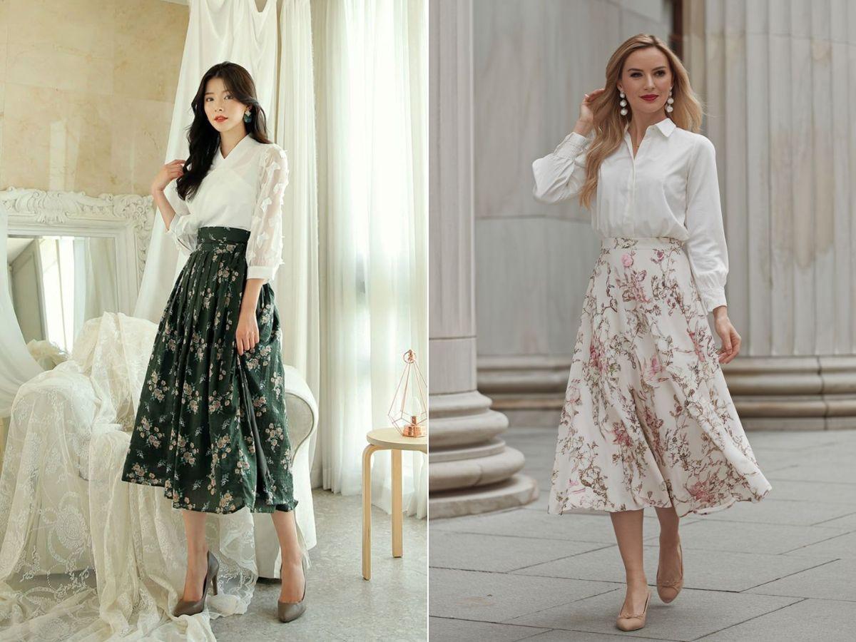 Kết hợp chân váy hoa cùng áo sơ mi tạo nên phong cách thanh lịch