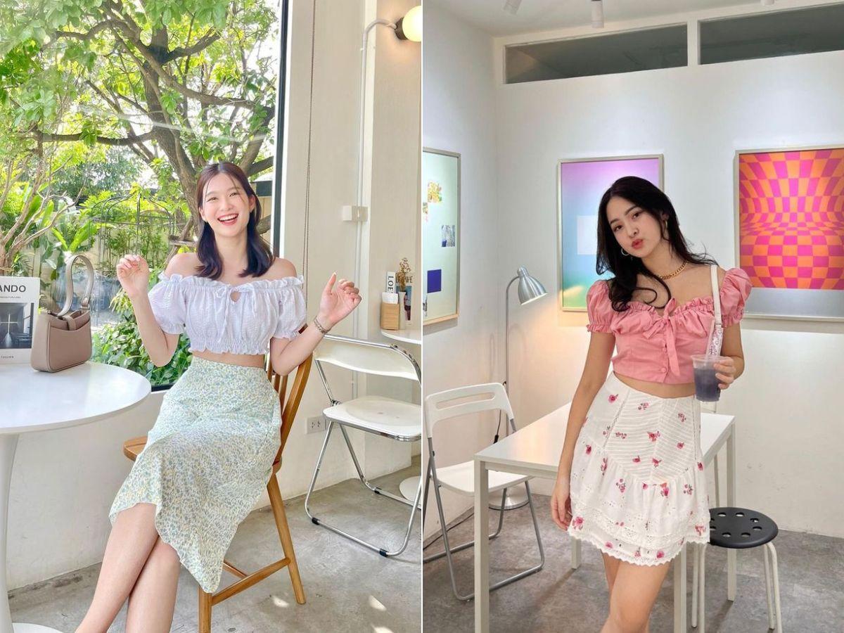 Áo trễ vai là lựa chọn hàng đầu để tạo vẻ quyến rũ khi phối cùng chân váy hoa