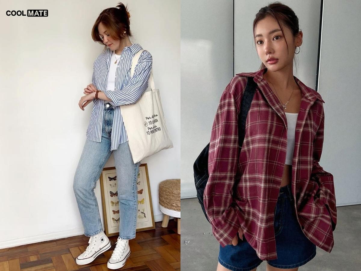 Phong cách layering với áo sơ mi oversize khoác ngoài các trang phục ôm sát hoặc croptop là lựa chọn phổ biến