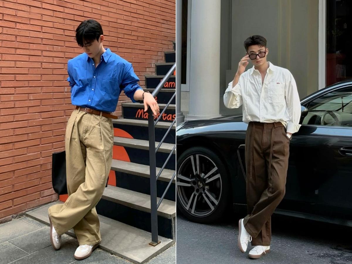 Outfit lịch sự quần kaki/chinos ống rộng phối cùng giày thể thao