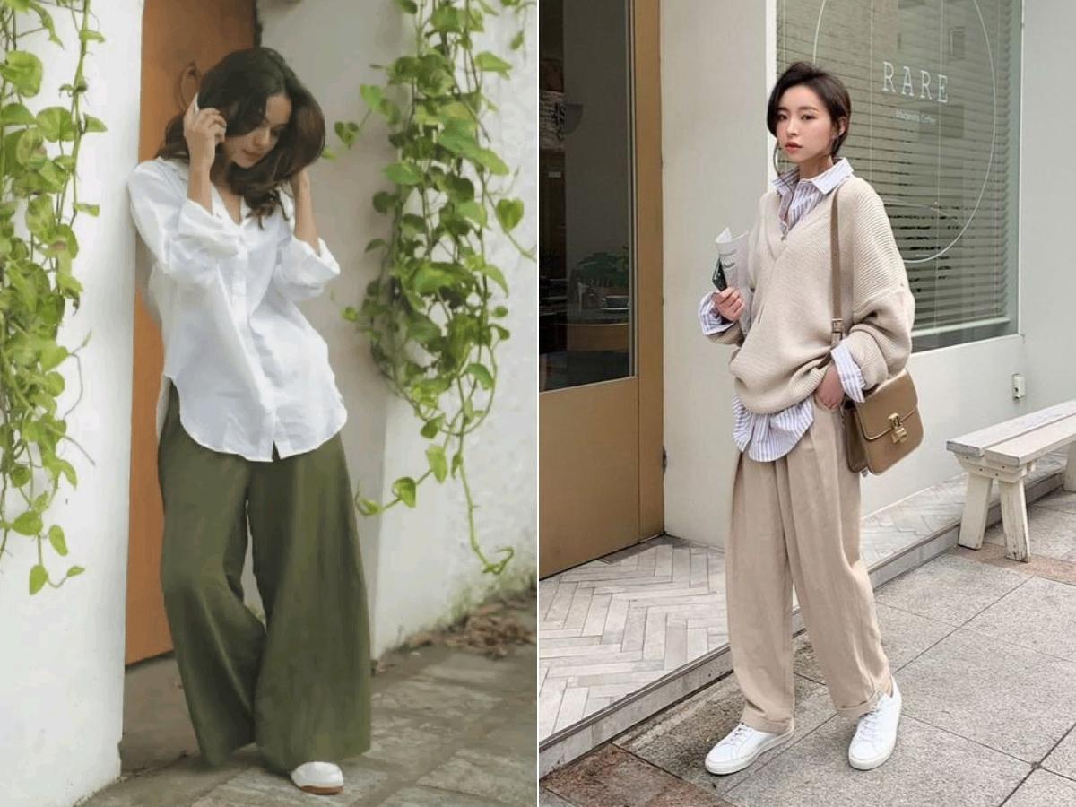 Vẻ ngoài thanh lịch khi phối quần kaki hoặc quần vải ống rộng với giày thể thao