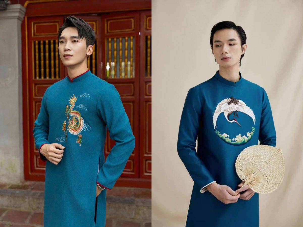 Áo dài màu xanh navy tôn da cho chàng