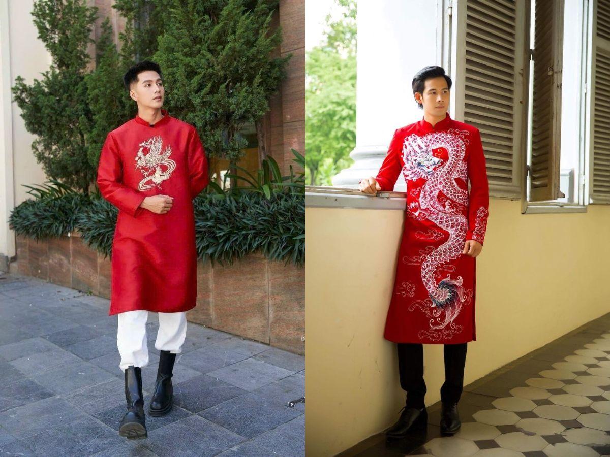 Mẫu áo dài đỏ họa tiết rồng phượng ấn tượng