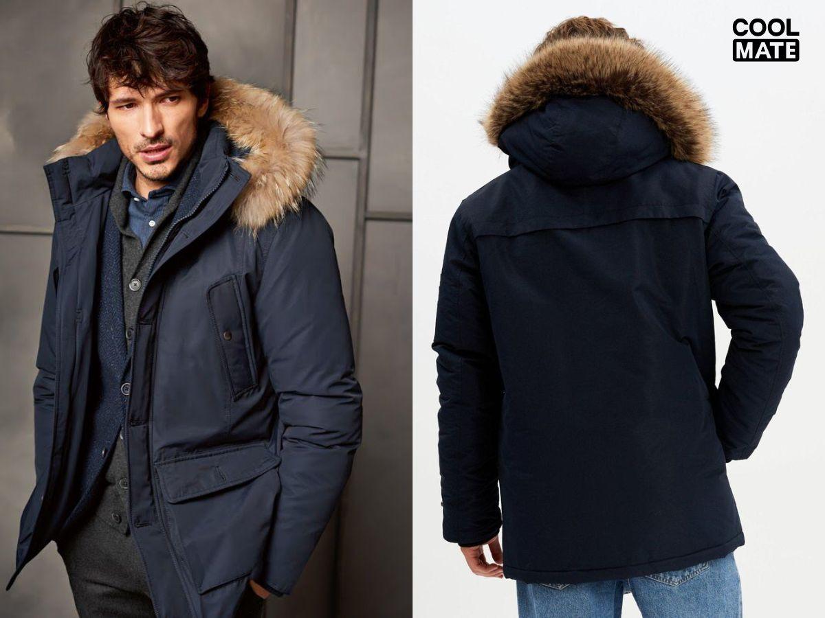 Áo khoác anorak có mũ phủ lớp lông và túi lớn phía trước bụng