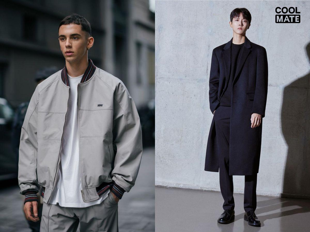 Mẫu cao gầy mặc áo khoác bomber sáng màu so với áo khoác dáng dài tối màu ôm sát