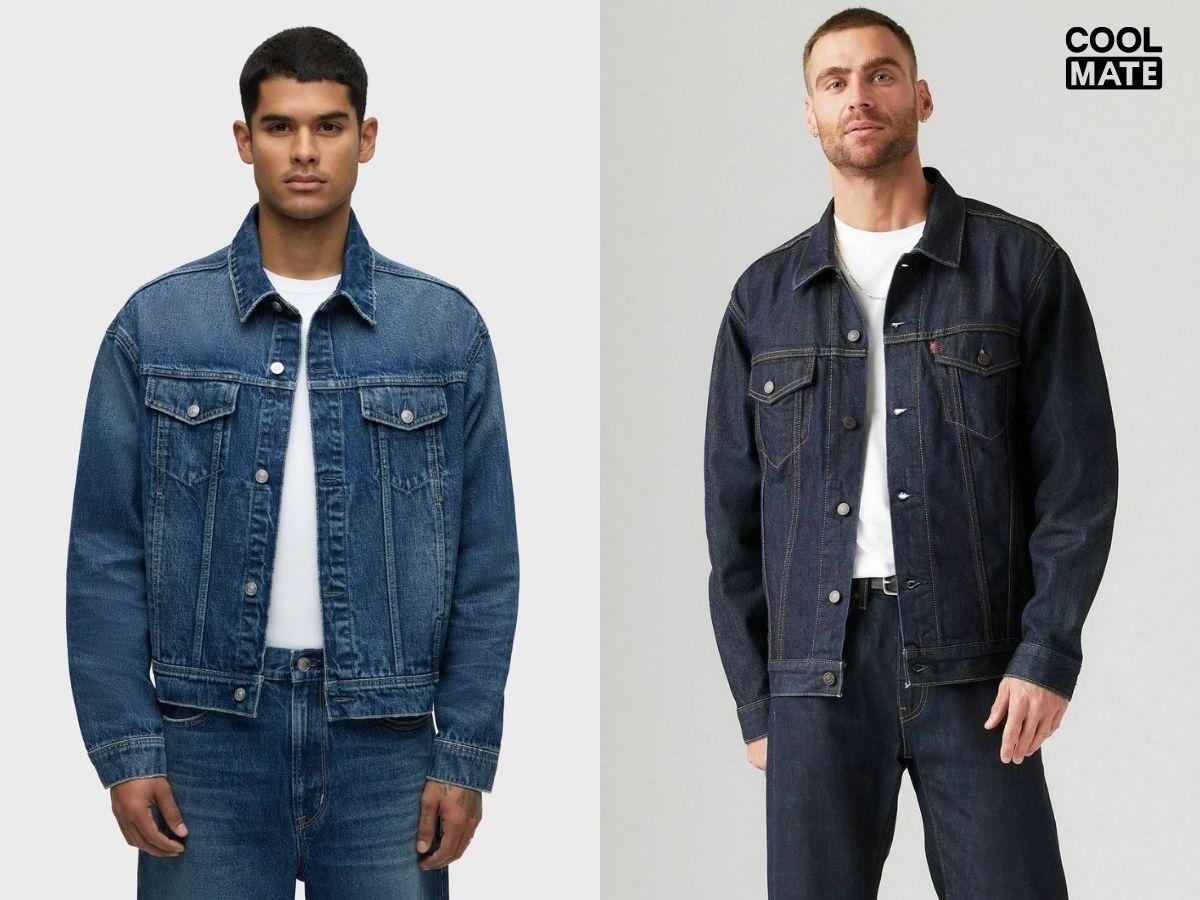 Áo khoác denim màu xanh cơ bản với kiểu dáng trucker cổ điển