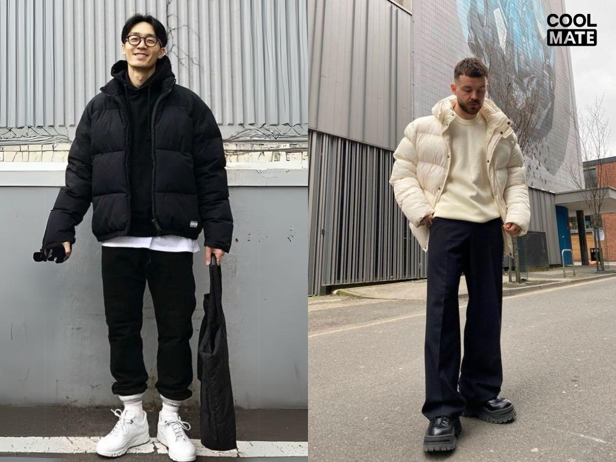 Áo khoác phao dáng ngắn, phối cùng áo len và quần kaki