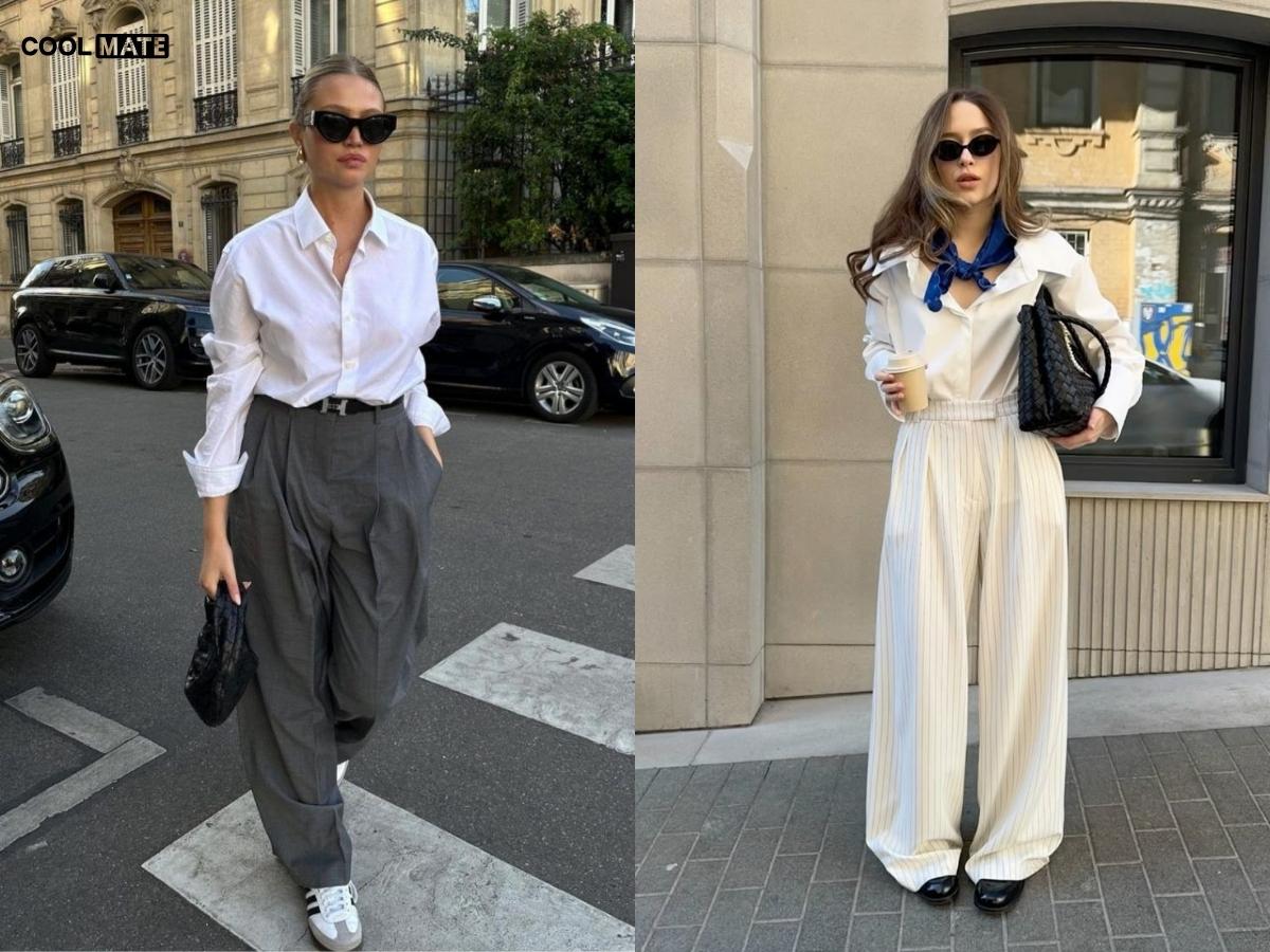 Sơ mi chất liệu mềm mại phối cùng quần tây ống rộng hoặc quần culottes giúp tổng thể vừa nữ tính vừa chuyên nghiệp