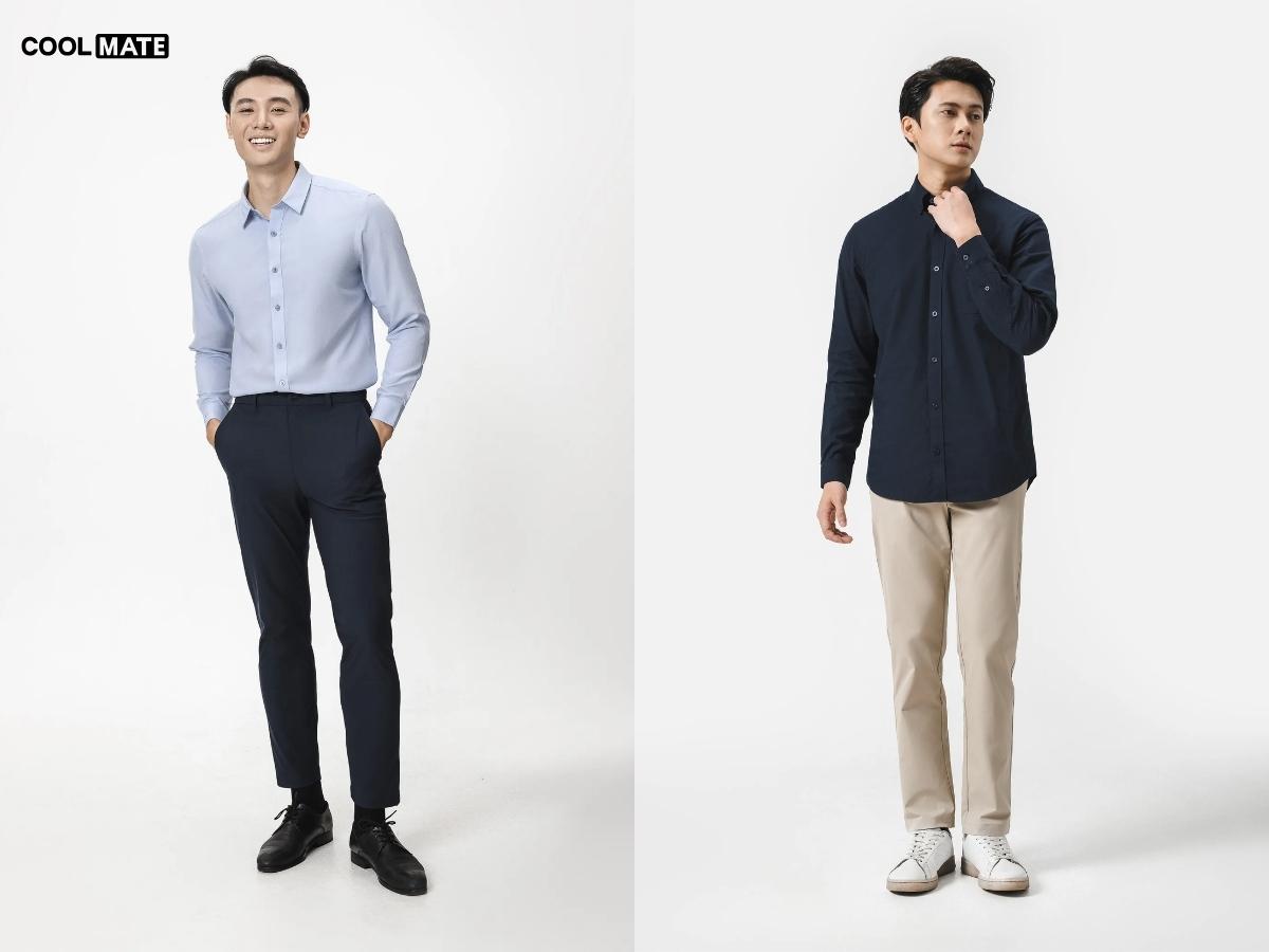 Áo sơ mi trắng hoặc xanh nhạt kết hợp cùng quần tây mang đến vẻ ngoài lịch sự và chuyên nghiệp