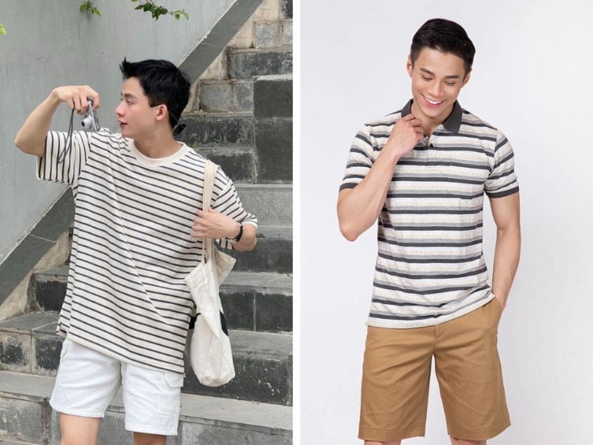 Phối áo thun sọc ngang với quần short là sự lựa chọn hoàn hảo cho ngày hè