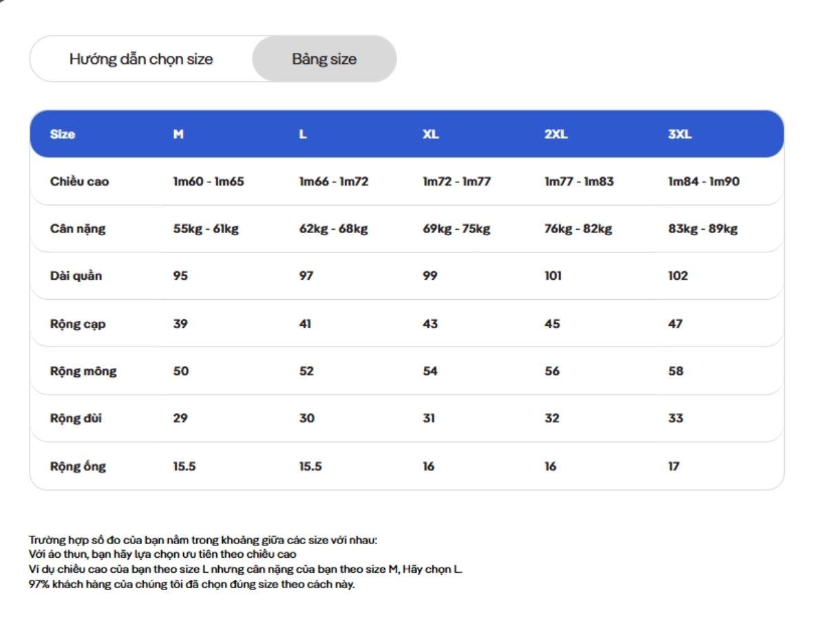 Bảng size quần kaki nam từ Coolmate