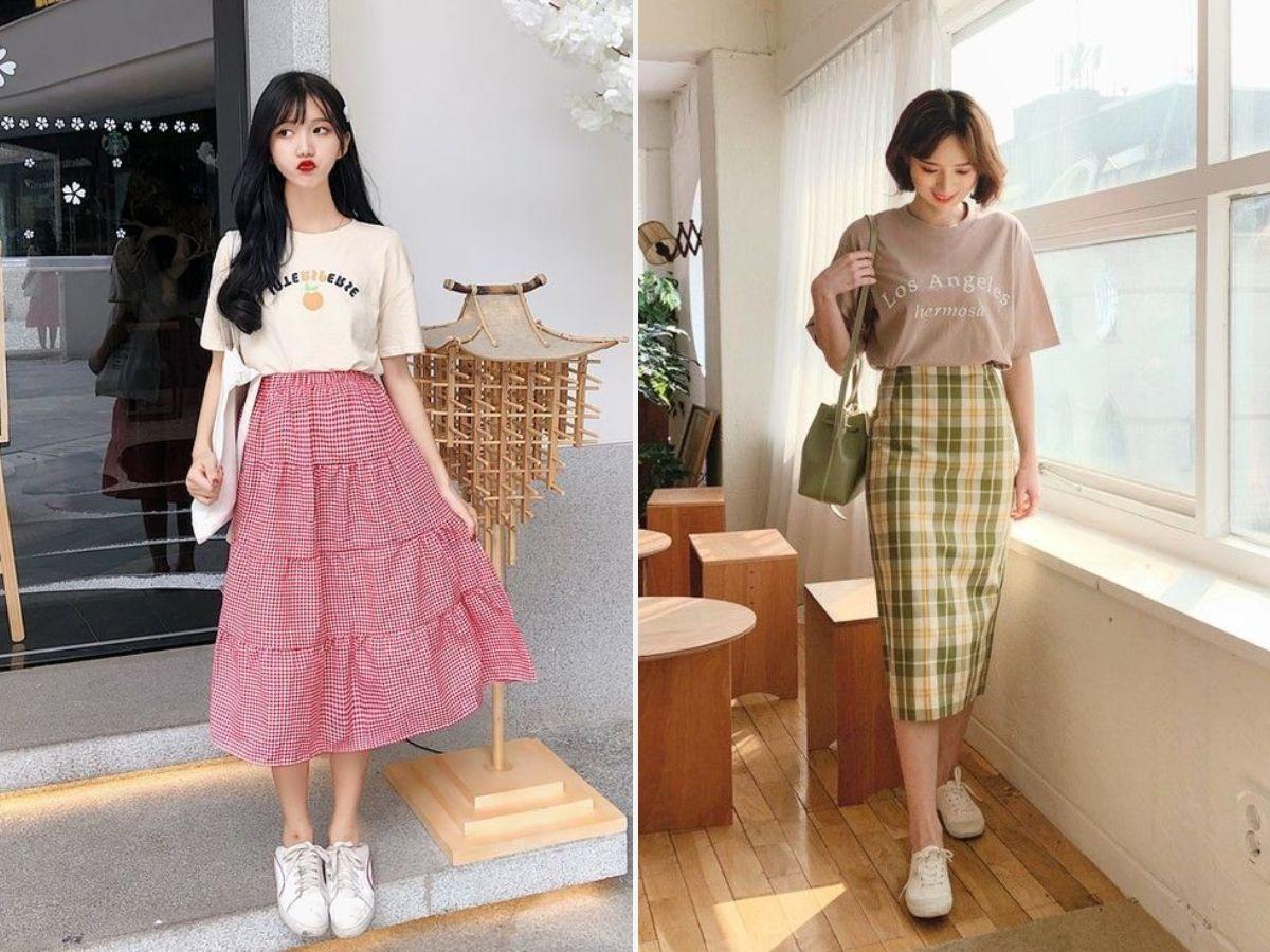 Phối váy caro với áo thun oversized