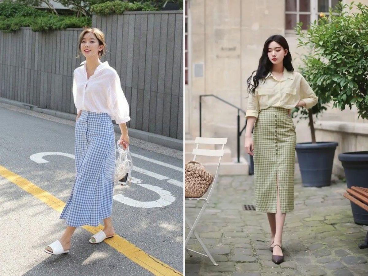 Phối váy caro với áo sơ mi đơn giản