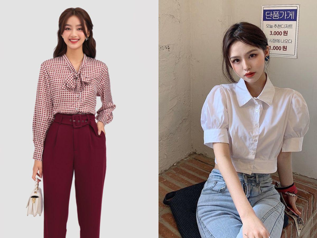 Áo sơ mi cổ V và bèo nhún tạo sự cân đối cho dáng quả lê