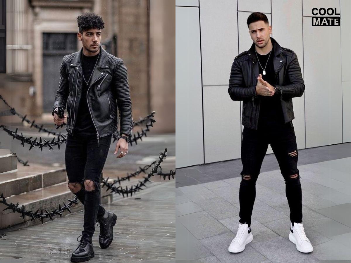 Áo khoác da biker màu đen, phối cùng áo thun đen và quần jean rách gối phong cách cool ngầu