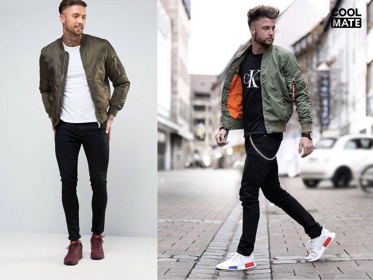 Áo khoác bomber màu xanh rêu phối cùng áo thun và quần jean phong cách street style