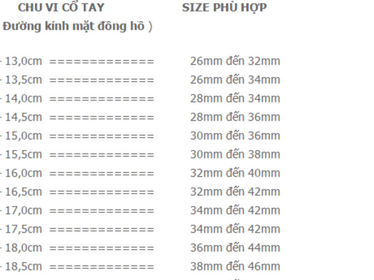 Bảng size đồng hồ cho bạn tham khảo