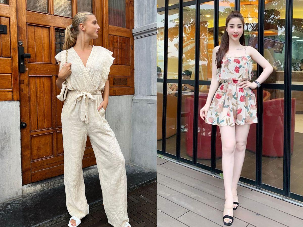 Các mẫu jumpsuit họa tiết như hoa nhí, kẻ caro kết hợp với bèo nhún, xếp li rất thích hợp cho người gầy