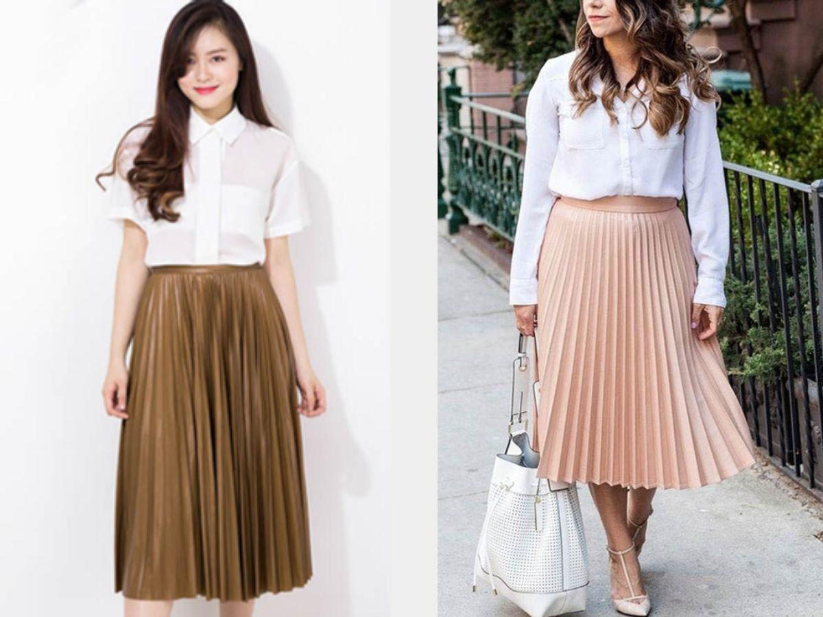 Chân váy midi xếp ly nhỏ giúp nàng che khuyết điểm chân rất tốt