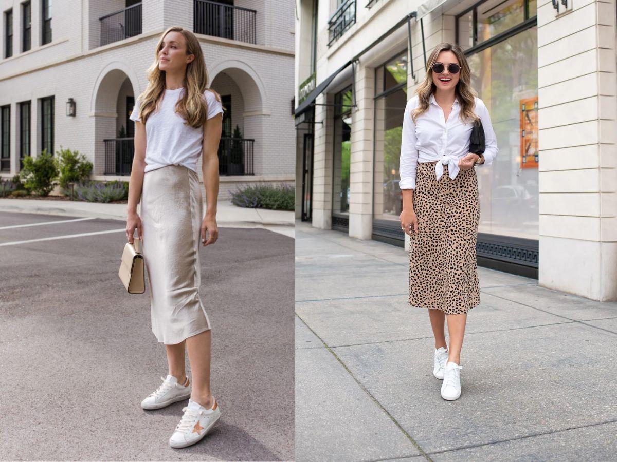 Chân váy bút chì cùng giày thể thao