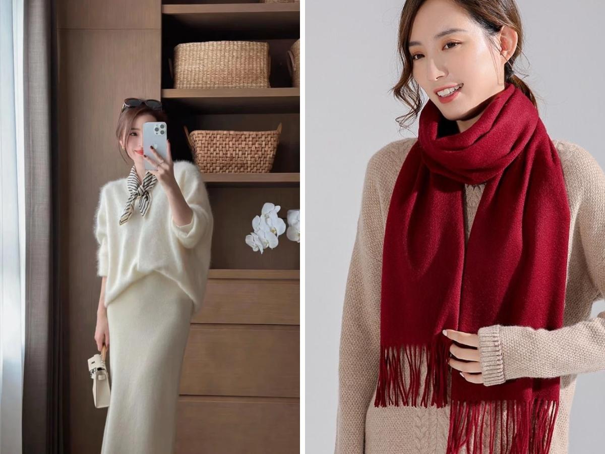 Khăn quàng cổ phối với áo len cổ tròn
