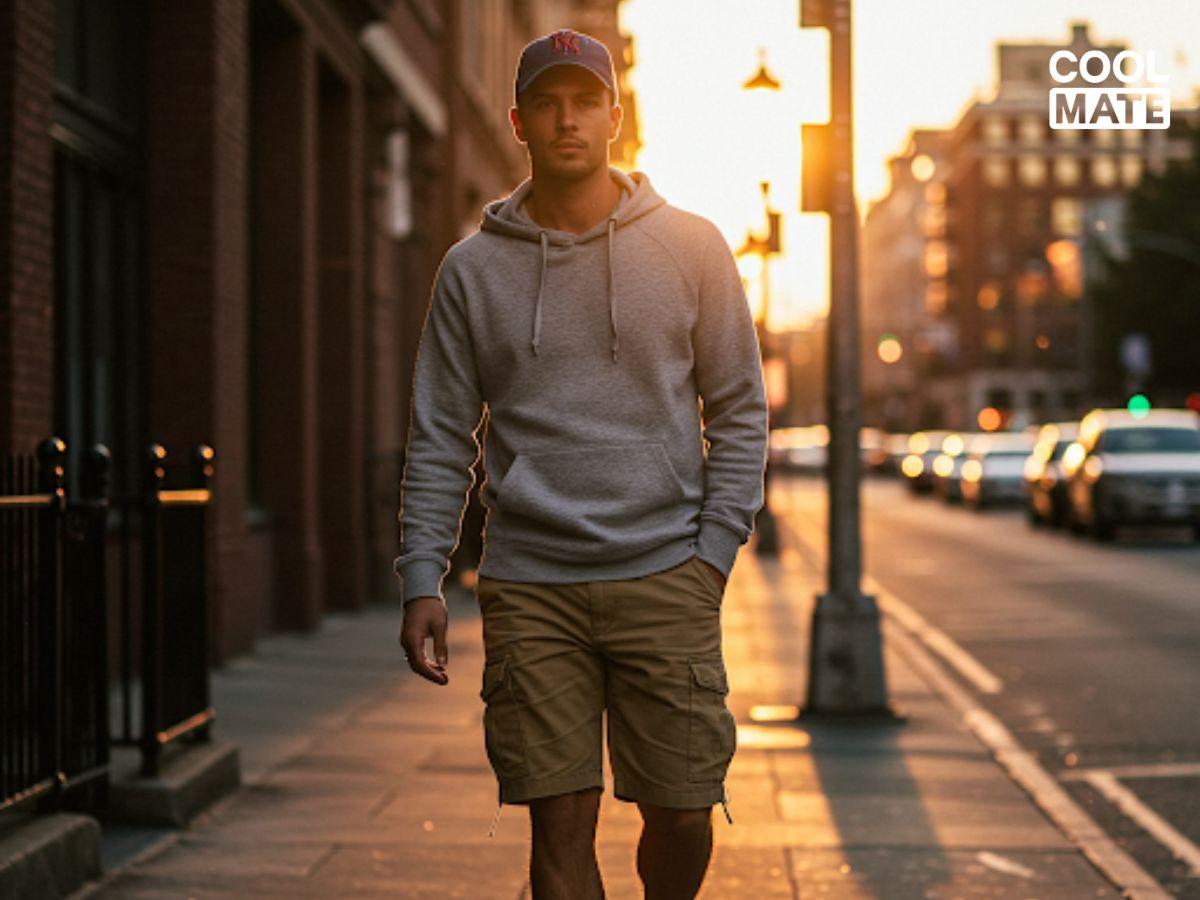 Cách phối quần short nam với áo hoodie mỏng cho buổi tối.