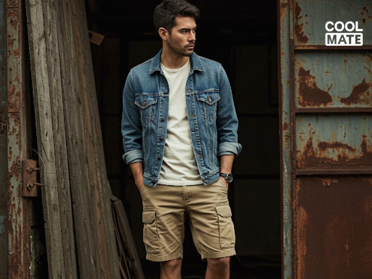Layer áo khoác jean bên ngoài set đồ quần short và áo thun nam.